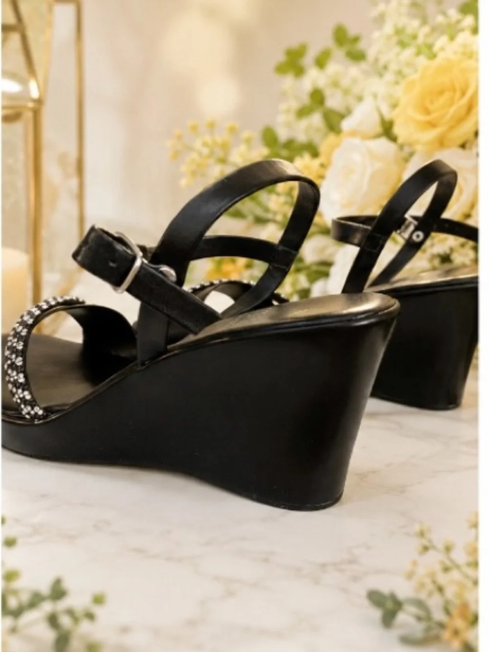 Italian Shoemakers Black Wedge Sandals with Rhinestone Accent